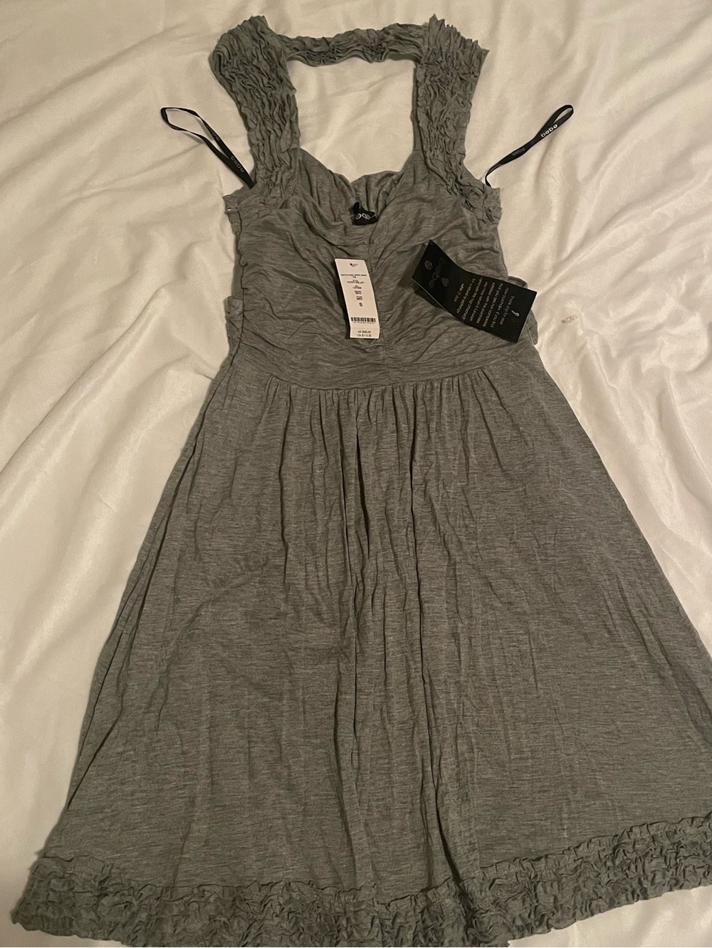 NEW BEBE Heather Gray Ruffle Jersey Dress